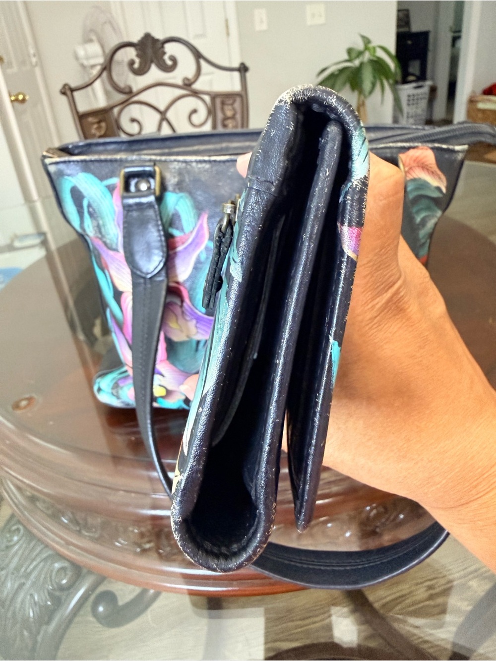 Anuschka Black Tote with Vibrant Tropical Floral Paint and matching wallet - Picture 5 of 12